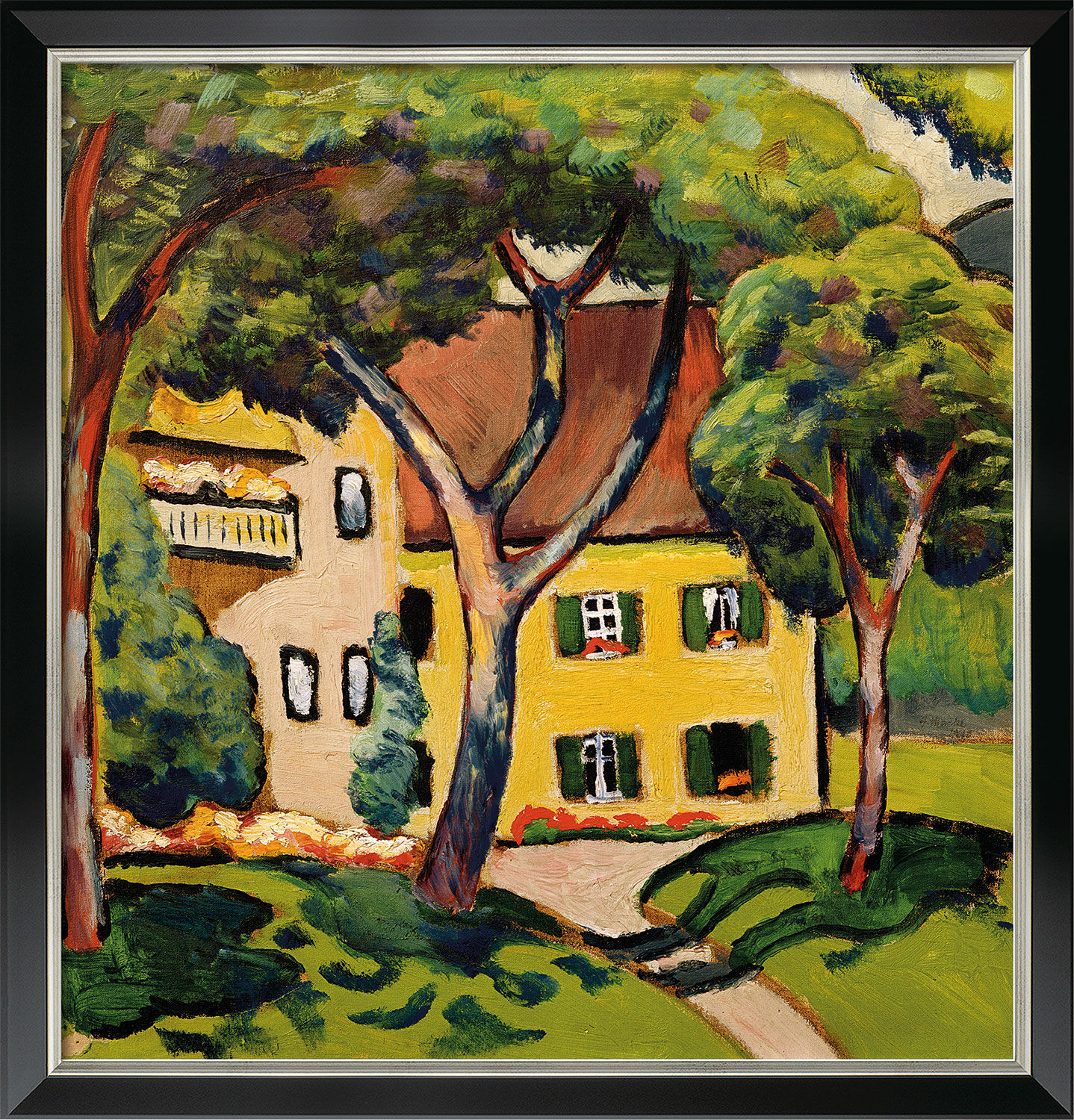 Bild "Staudacherhaus in Tegernsee" (1910), Version schwarz-silberfarben gerahmt von August Macke